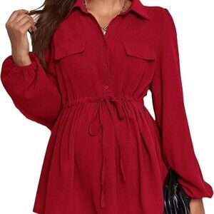NWT Women's Maternity Shirts Long Sleeve Belted Button Down Casual Blouse SZ XL